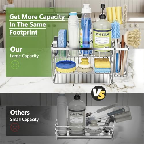 Silver 2 Tier Kitchen Sink Caddy Organzier Rack with Flexible Dish Brush Holder (Silver / Medium)