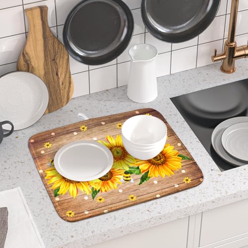 Sunflower Bee Dish Drying Mat for Kitchen Counter Home 16x18 Inch Wood Barn Microfiber Drainer Rack Mats Washable Absorbent Dish Dry Pad (Sunflower Bee Wood / 16" x 18")