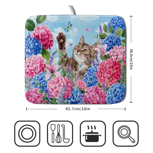 Hydrangea Floral Dish Drying Mat Cute Cat Microfiber Absorbent Dish Drying Pad for Kitchen Counter 16 X 18 (Colorful Hydrangea Cat / 18" x 16")