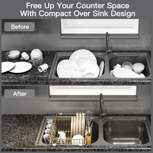 Gold Expandable Dish Drying Rack Over Sink with Extra Drying Mat (Gold / For 11.5"-16" W Sink with Cup Holder & Mat)