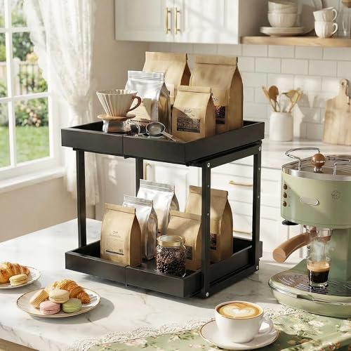 Expandable Pull Out Cabinet Organizer (Black / 15.7"D×12"-18.5"W)