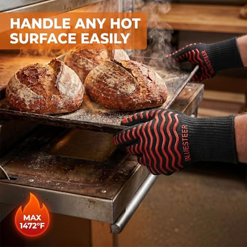 BBQ Gloves 1472°F Heat Resistant Oven Gloves with Fingers (Black-red / One Size Fits Most)