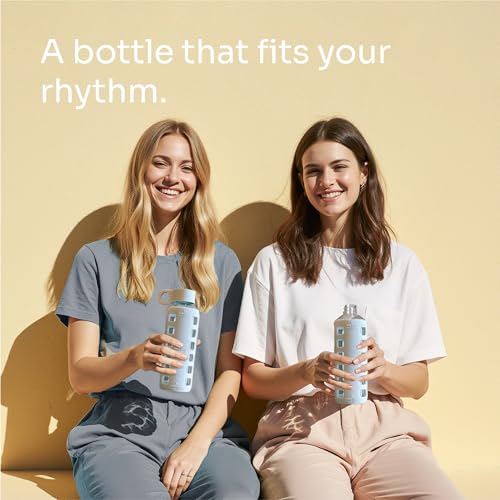 40oz / 32oz / 22oz / 12oz Borosilicate Glass Water Bottle with Time & Volume Markers, Silicone Sleeve, Stainless Steel Lid | Reusable Glass Bottle for Water & Juice (12oz Ice Blue) (Ice Blue (1 Count) / 12 Ounces)