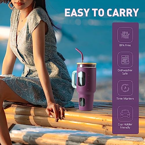 Glass Tumbler with Straw and Lid (Dark Purple / 40 Ounces)