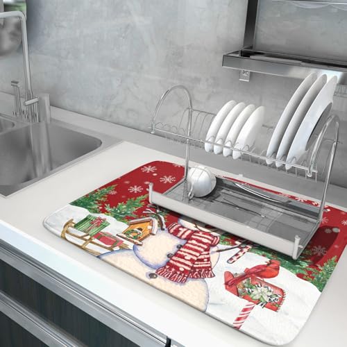 Winter Snowman Dish Drying Mat Red Bird Microfiber Dish Pad 18x24 Inch Absorbent Fast Dry Dishes Draining Mats Holiday Kitchen Accessories (Red Winter Snowman / 18" x 24")