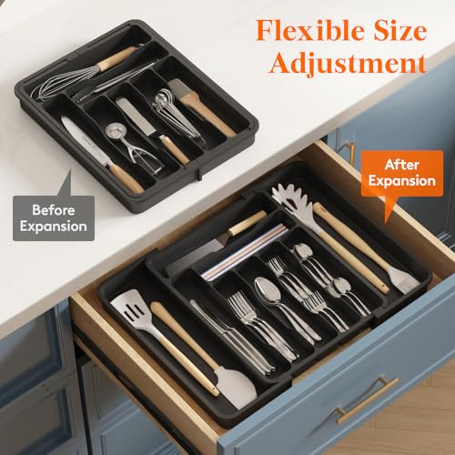 Expandable Silverware Drawer Organizer (Black / Large Deep（11.8-19.6'W x 15''D）)