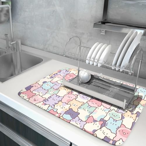 Colorful Cats Dish Drying Mat 18x24 inch Cute Animal Microfiber Reversible Fast Dry Dishes Drainer Rack Pad for Counter Kitchen Table Decor (Colorful Cats / 18" x 24")