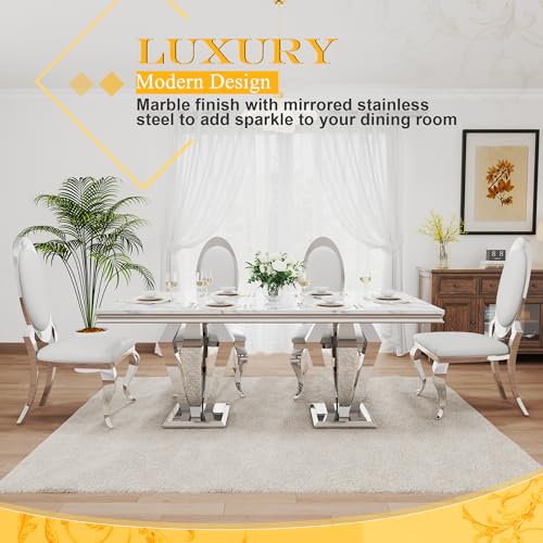7 Piece Luxury Dining Room Set (Silver White + White / Dining Table + 6 Oval Chairs)
