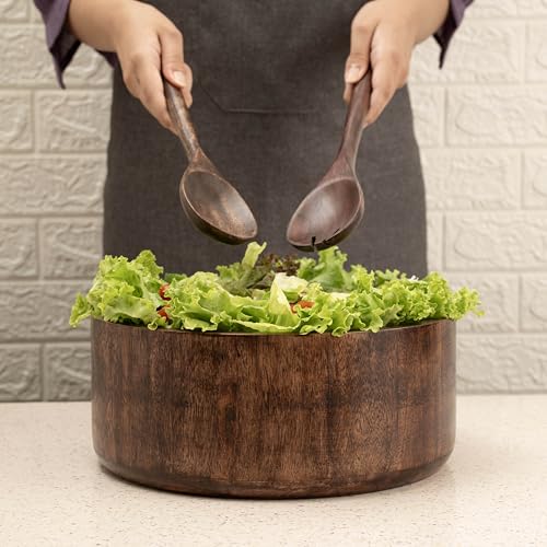 12" Dark Burnt Wooden Salad Bowl Set with Serving Utensils Eco (Dark Burnt / Extra Large)