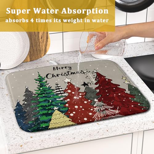 Christmas Trees Dish Drying Mat Winter Holiday Kitchen Dishes Pad 16x18 Inch Absorbent Reversible Fast Dry Draining Rack Pad for Countertop (Christmas Snow Trees / 16" x 18")