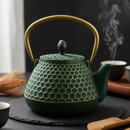 34oz Cast Iron Tea Kettle for Stovetop (Dark Green Hexagon Pattern, 1000ml/34oz)