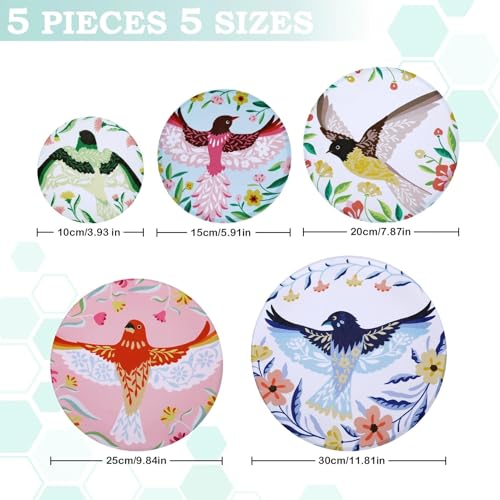 5Pcs Reusable Beeswax Elastic Bowl Covers for Bread Proofing and Food Cover (Floral Bird)