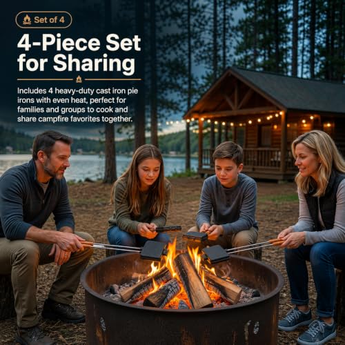 Campfire Pie Iron 4.9" Large Cast Iron Sandwich Maker for Camping (Classic Handle 4 Pcs)