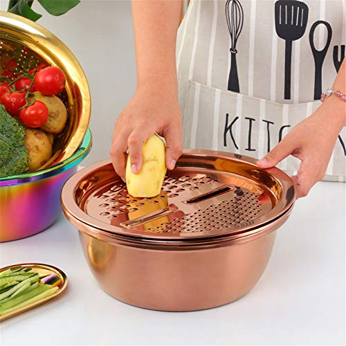 3-In-1 Multifunctional Grater Basin Colander Strainer Set, Mingcheng Stainless Steel Kitchen Grater/Drain Basket/Bottom Basin for Washing Rice, Fruits, Vegetable, Grater with Container (Silver) (Silver)