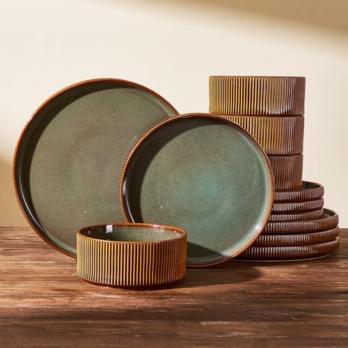 Dinnerware Set for 4 (Moss Green & Brown)