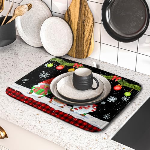 Merry Christmas Dish Drying Mat Black Gnomes Dish Drainer Mats 16x18 Inch Holiday Decorative Absorbent Dishes Pad for Kitchen Counter Sink (Christmas Black Gnomes / 16" x 18")