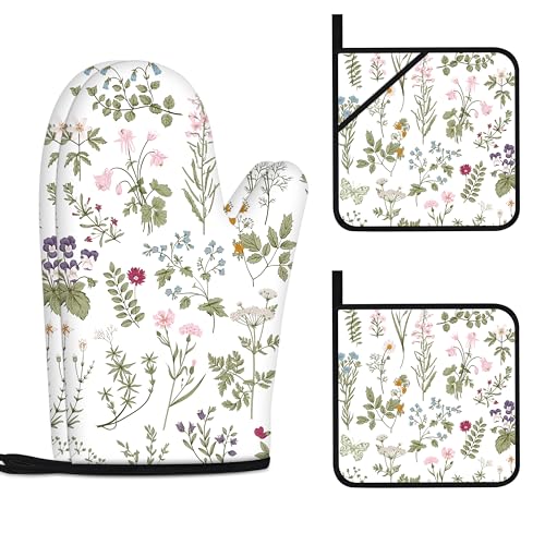 Floral Oven Mitts and Pot Holders Sets Wildflower Oven Gloves Heat Resistant 4 Pcs Pretty Decorative Kitchen Hot Pads and Mitts for Baking Cooking Grilling (White)