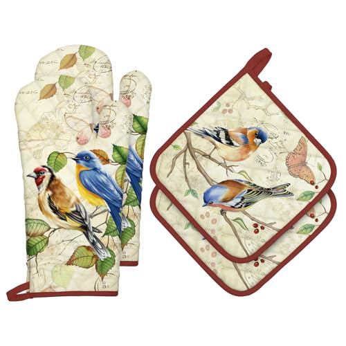 Vintage Bird Oven Mitts and Pot Holders Set (Retro Bird / Oven Mitt x2 & Pot Holder x2)