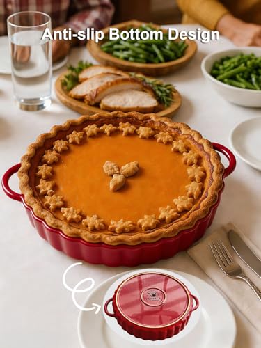 10×2in Deep Ceramic Pie Pan with Handles for Pie Quiche Tart Baking. Easy to grip (Red / 10IN*2IN)