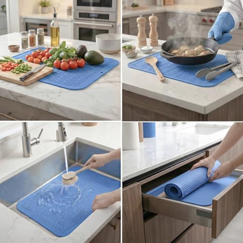 Silicone Dish Drying Mat for Multiple Usage (Lichen Blue / 24"L x 18"W)