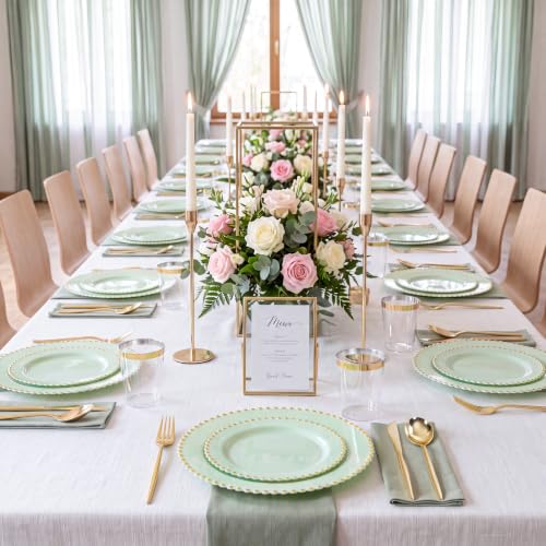 180Pcs Sage Green Plastic Plates for Wedding Party Supplies (Green and Gold Plastic Dinnerware Set / 180PCS)