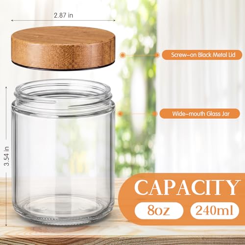 24 Pcs 8oz Glass Jars with Lids Empty Small Glass Containers and Inner Liners Reusable Cosmetic Jars Round Airtight Bottles with Plastic Wood Grain Lids for Travel (Walnut Wood Grain / 8 oz)