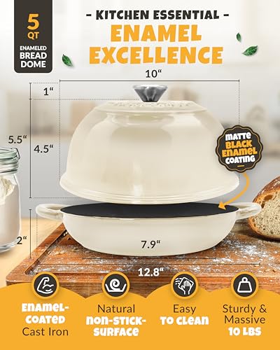 5 QT Enameled Dutch Oven for Bread Baking with Lid & Starter Kit (Cream white / 5QT Dome)