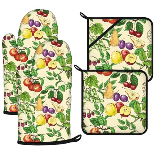 Fruit Flower Oven Mitts and Pot Holders Sets 4Pcs (Fruit Flower)