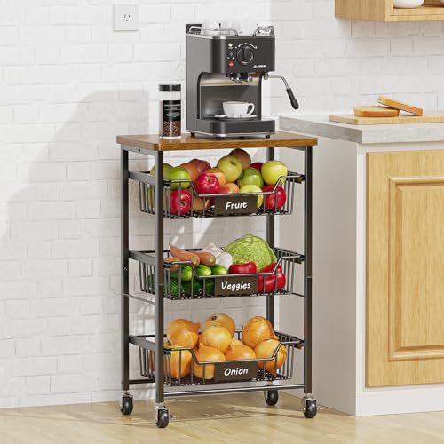 4 Tier Vegetable Fruit Basket Kitchen Storage Rolling Cart on Wheels with Pull (4 Tier / Black)