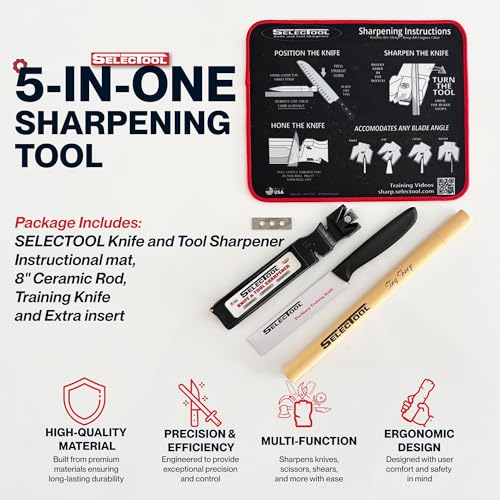 5-in-1 Knife Sharpening System - Knife Maintenance Kit with Knife Sharpener Tool, Honing Rod, Training Knife, Replacement Blade & Mat for Kitchen Knives, Scissors & Outdoor Tools (5 piece kit)