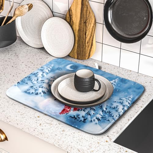 Blue Snowman Dish Drying Mat Winter Pine Tree Drainer Rack Mats 16x18 Inch Absorbent Fast Dry Dish Pad Protector Kitchen Counter Accessories (Winter Blue Snowman / 16" x 18")