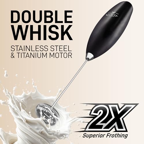 Powerful Milk Frother Wand With Duracell Batteries (Vortex Black / Double Whisk + Batteries)