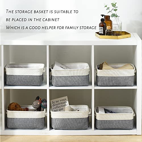 Small Storage Baskets for Shelf 6 Pack Canvas Storage Basket with Handles Fabric Storage Basket for Organizing Storage Bin (White&Grey / Small-6 Pack)