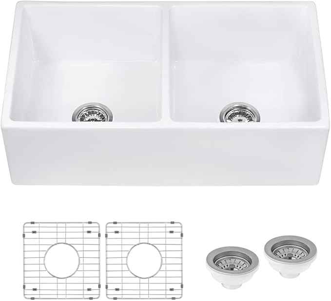 Ruvati 33-inch Fireclay Farmhouse Apron-Front Kitchen Sink Double Bowl - White - RVL2311WH