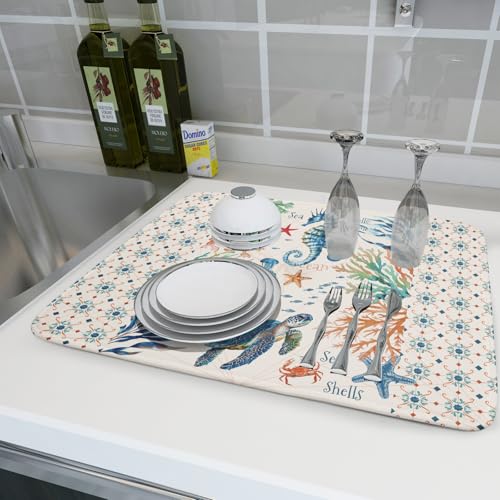 Nautical Coastal Dish Drying Mat Sea Turtle Seahorse Dish Drainer Pad 18"x24" Microfiber Reversible Fast Dry Pad for Kitchen Counter Decor (Coral Turtle / 18" x 24")