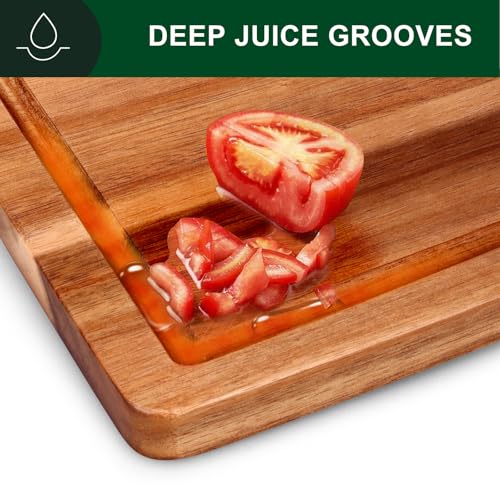 Extra Large Acacia Wood Cutting Board Set of 3 Wooden Chopping Board With Holder Fruit Cutting Boards Charcuterie Boards for Kitchen Bread Cheese Serving Board Meat Cutting Board Carving Board (Acacia Wood / 3-Piece Set: 17" x 12", 15" x 11", 13" x 10")