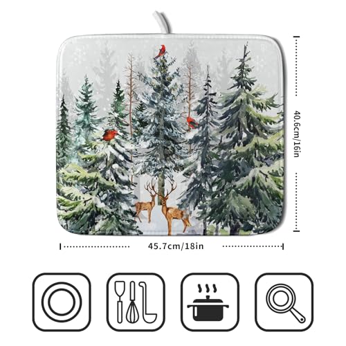 Pine Tree Dish Drying Mat for Kitchen Counter 16x18 Inch Forest Deer Absorbent Dishes Drainer Mats Reversible Microfiber Quick Dry Rack Pad (Pine Tree Deer / 16" x 18")