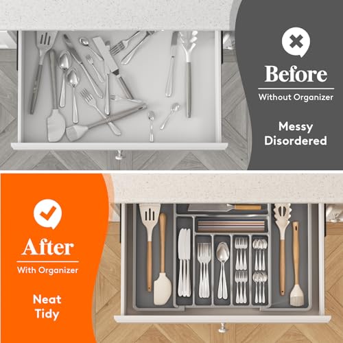 Expandable Silverware Drawer Organizer (Gray / XL (13"-22.4" W × 15"D))