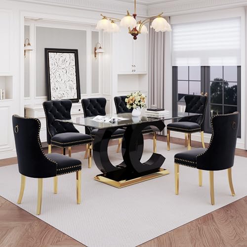 7 Piece Glass Dining Table Set for 6 (Black Table & Gold Black Chair / 7-Piece Set-OC-Shaped Table)