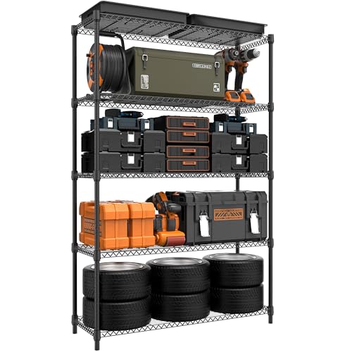 5 Tiers Shelf Metal Storage Shelves Standing 1750 LBs Household Shelf Organizer for Kitchen Pantry Closet Garage Basement Utility Room (5 tier 15.8" D x 45.3" W x 70.4" H / Black)