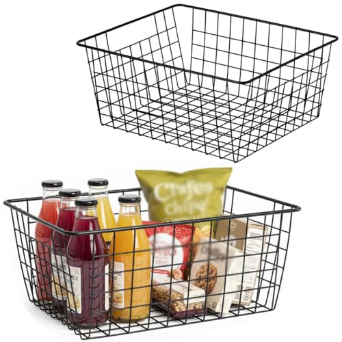 Kitchen Metal Wire Baskets Farmhouse Decor Metal Food Storage Organizer (Black / 2 Pack Big)