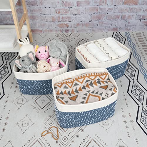 Woven Cotton Rope Storage Baskets 15x10x9.3" 3 Pack White and Blue (blue and white)
