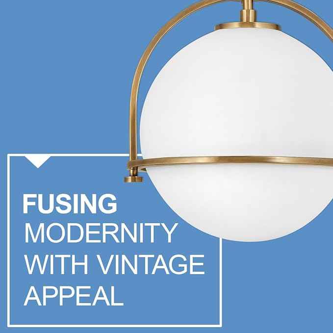 Hinkley Somerset Small Pendant Light, Etched Opal Glass Modern Globe Shade, Adjustable Height, Sloped Ceiling Compatible, Vintage-Inspired Metal Yoke Frame, Dry Rated, Heritage Brass Finish