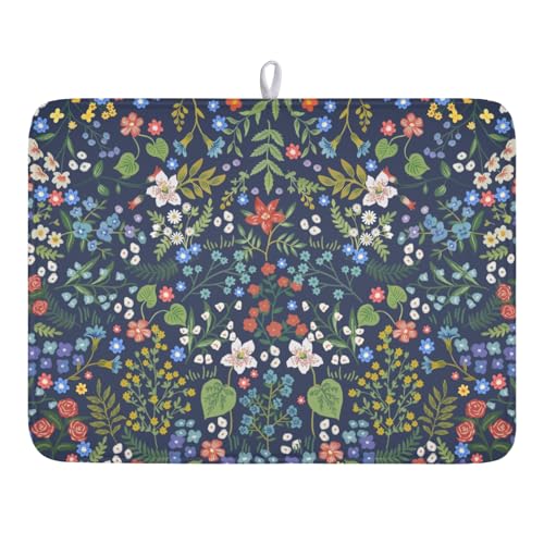 Flower Floral Dish Drying Mat 18x24 inch Microfiber Navy Blue Drying Mats with Hanging Loop Absorbent Green Leaves Dish Drainer Mat Reversible Flowers Drying Pad for Kitchen Counter Sink (Colored Flower / 24" x 18")