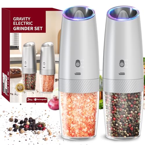 Gravity Electric Salt and Pepper Grinder Set with 2 (Rechargeable / Silver Variable Speeds)