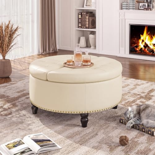 31.5" Large Round Ottoman with Storage Circular (Cream White)