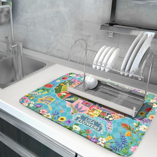 Flower Map Dish Drying Mat Colorful Floral Microfiber Large Dish Drying Pad for Kitchen Counter 18 X 24 In (Flower Map Green / 24" x 18")