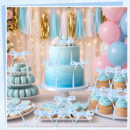 30 Pack Bow Cake Toppers Light Blue Ribbons Bows for Cake (Blue)