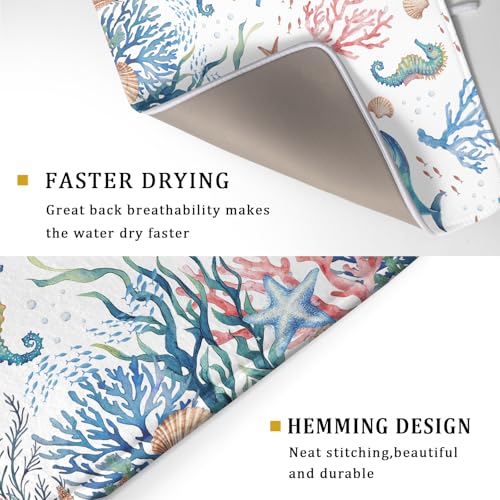 Coastal Ocean Dish Drying Mat Seahorse Whales Drainer Rack Mats 18"x24" Absorbent Microfiber Dish Drying Pad Protector for Kitchen Counter (Coral Ocean / 24" x 24")