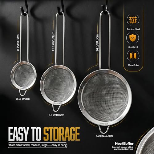 Premium Stainless Steel Fine Mesh Strainers for Kitchen 3 (Silver - 8/12/18 CM)